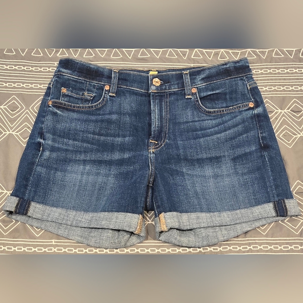 7 For All Mankind Dark Blue Denim Roll-Cuff Jean Shorts
